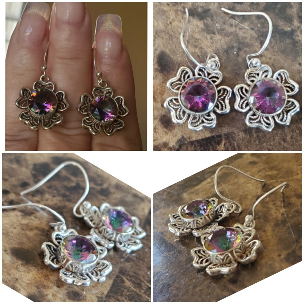 6cttw Genuine Rainbow Topaz Flower Earrings 1.25"